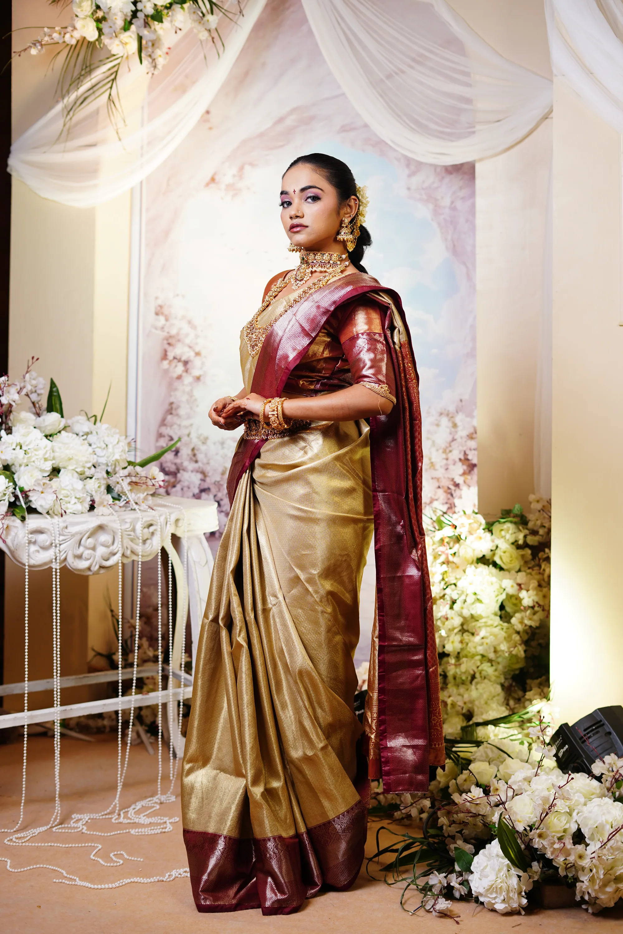 Kanjivaram bride in profile against a painted arch